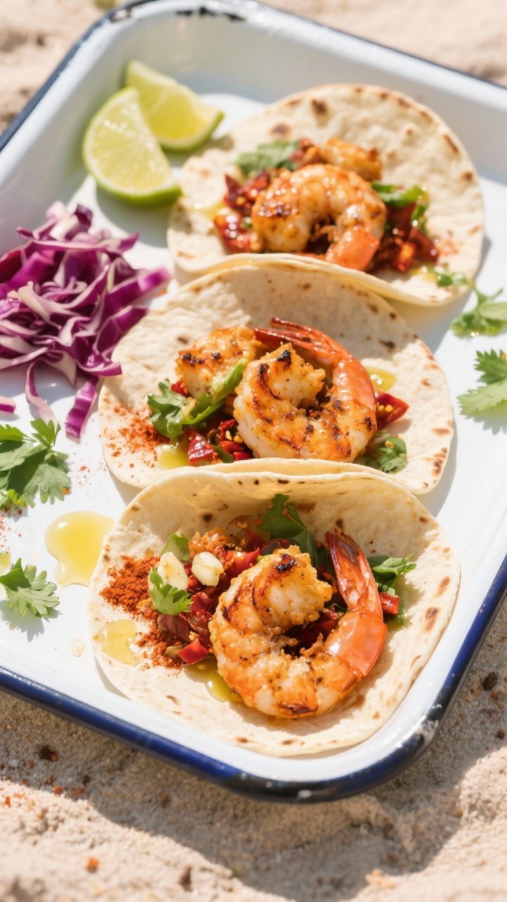 Overhead flat lay of chili-lime shrimp taco assembly: warm tortillas filled with air-fried shrimp coated in chili powder, smoked paprika, cumin, garlic powder, and kosher salt; a drizzle of olive oil shine; lime wedges, thinly sliced red cabbage, and cilantro scattered around; shrimp slightly charred at the edges; bright, beachy daylight on a white enamel tray.