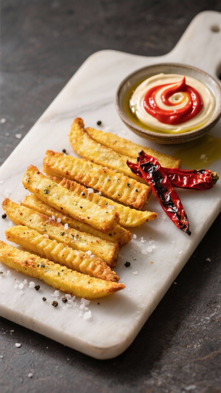 Overhead flat lay of crispy polenta fries arranged in neat rows, golden with specks of Italian seasoning, kosher salt, and black pepper. Served alongside a swirl-topped roasted red pepper aioli in a small bowl. A few charred red pepper strips and a drizzle of olive oil on the board. Hard side light to carve out ridges and crisp edges; minimalist props to keep focus on texture.