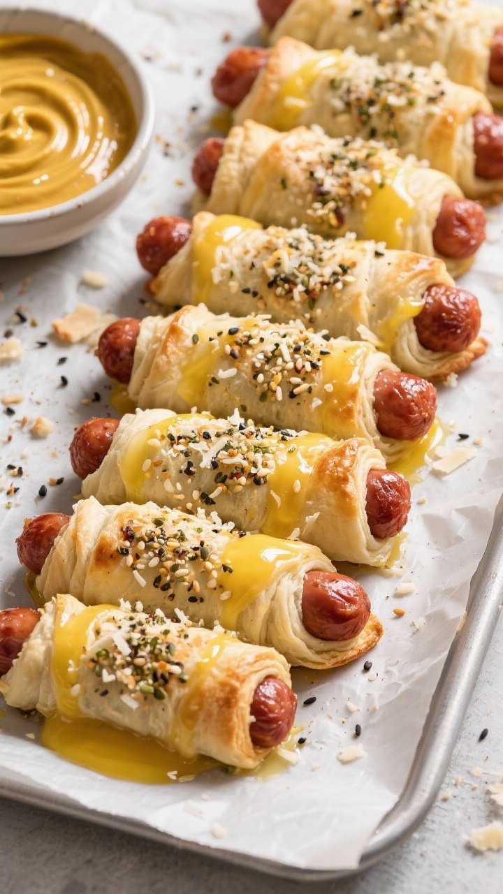 Overhead flat lay of everything-bagel pigs in a blanket: mini sausages wrapped snugly in puff pastry, brushed with beaten egg and heavily sprinkled with everything bagel seasoning and a hint of grated Parmesan. Arranged in neat rows on a parchment-lined sheet, next to a small bowl of mustard-maple dip swirling glossy gold. Flaky crumbs and stray sesame/poppy seeds scattered for texture.