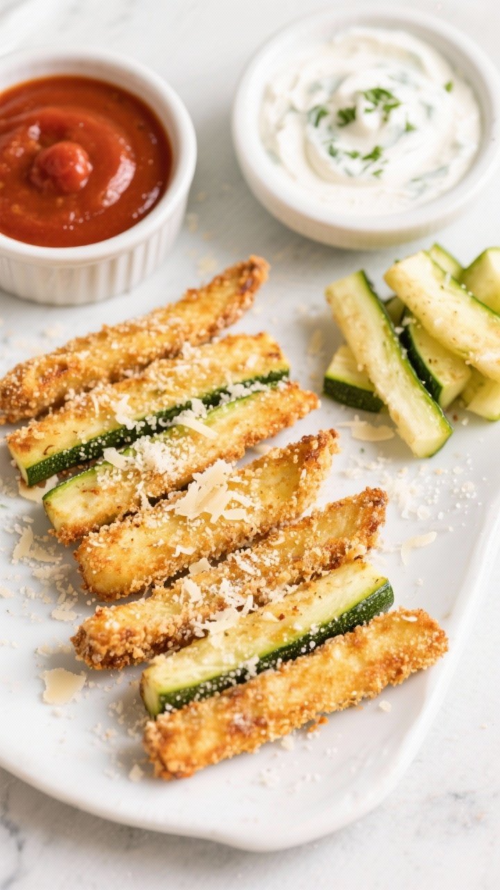 Overhead flat lay of garlic-Parmesan zucchini fries right after air frying: neatly lined fry-size batons with panko-Parmesan crust, sprinkled with extra finely grated Parmesan and garlic powder; ramekin of marinara and another of herbed yogurt dip; a small pile of salted, raw zucchini batons off to the side to hint at prep; bright, clean styling to emphasize “not soggy” crispness.