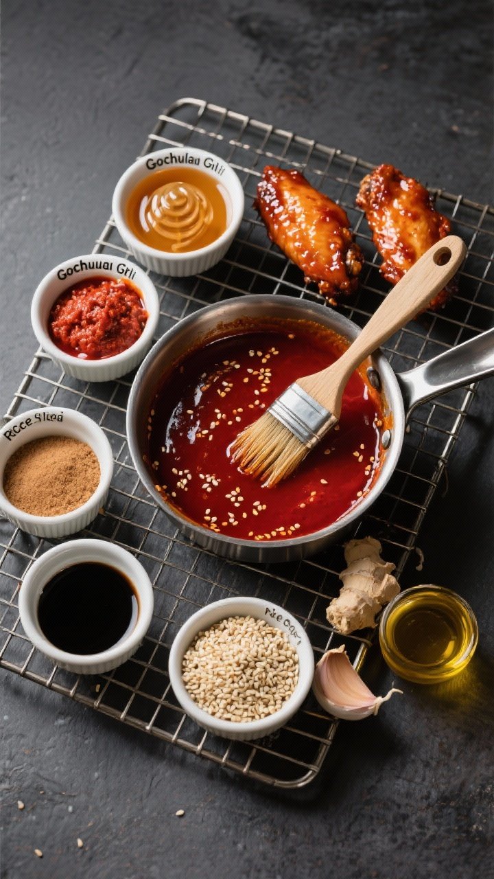 Overhead flat lay of Gochujang Glaze in a small metal saucepan mid-reduction: thick, lacquered crimson sauce with visible sesame oil gloss, surrounded by labeled ramekins of gochujang paste, honey, brown sugar, soy sauce, rice vinegar, grated fresh ginger, minced garlic, and toasted sesame oil; a basting brush resting on a wire rack with a few glazed test wings; moody, modern Korean-inspired styling