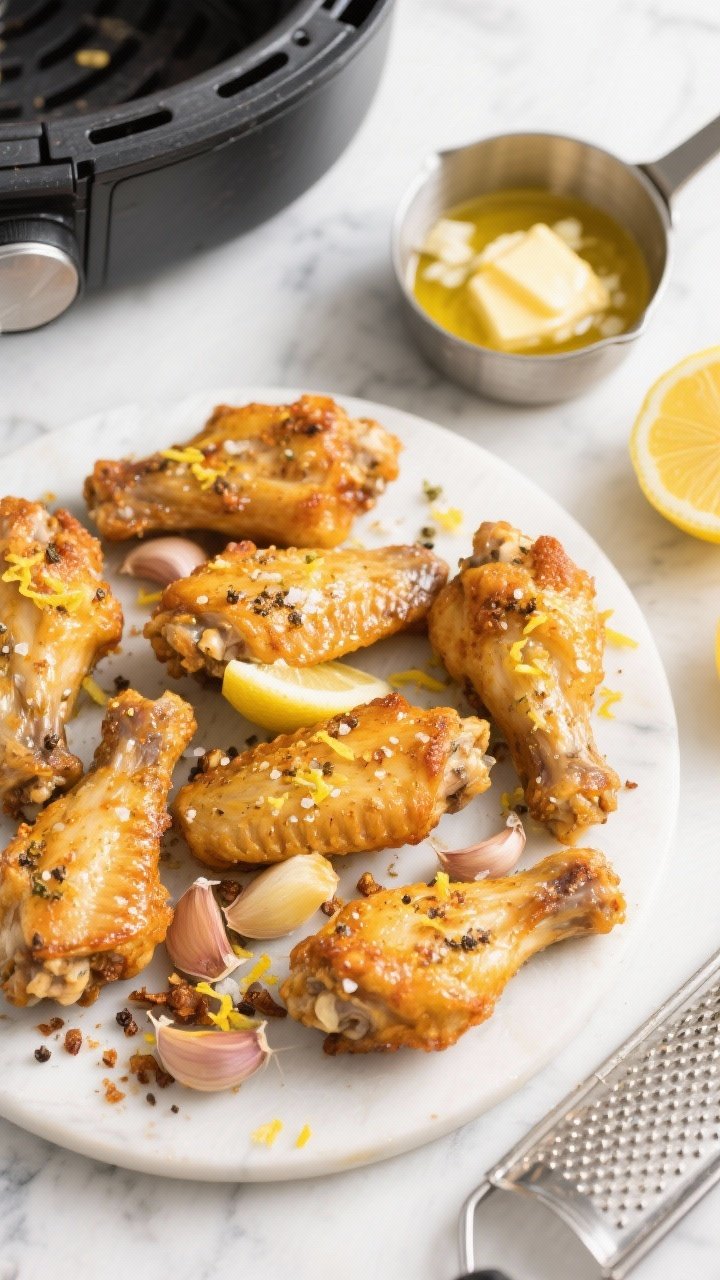Overhead flat lay of lemon pepper garlic butter wings straight from the air fryer: golden, ultra-crisp skin dusted with good-quality lemon pepper seasoning and kosher salt, flecked with fresh lemon zest and tiny browned garlic bits. A small saucepan with melted unsalted butter and minced garlic sits to the side; lemon halves and a microplane add bright accents on a light marble surface, clean and zesty mood.