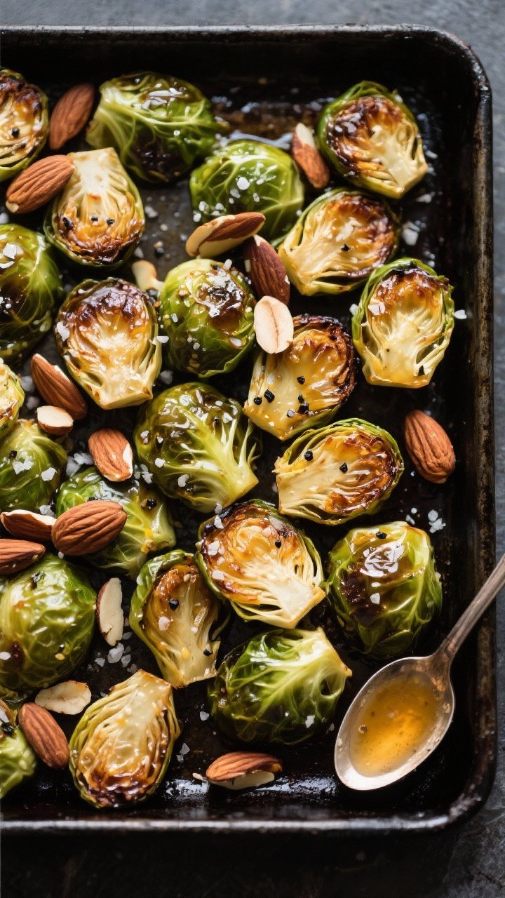 Overhead flat lay of maple-Dijon Brussels sprouts with toasted almonds on a dark sheet pan. Halved sprouts caramelized and crispy at the edges, lightly lacquered with Dijon and pure maple syrup, flecked with kosher salt and black pepper. Slivered toasted almonds scattered over top for crunch; a small spoon with leftover glaze off to the side.