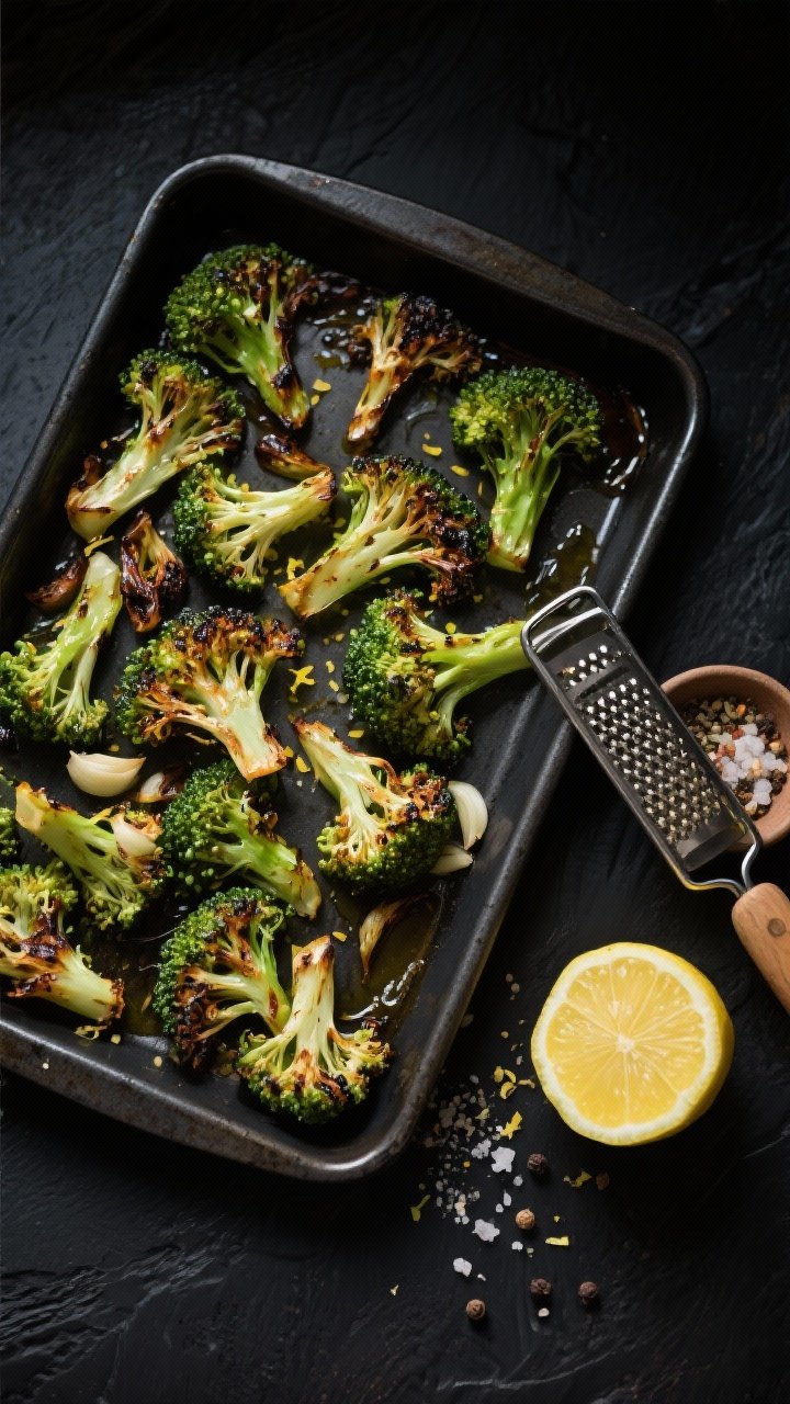 Overhead flat lay of perfectly roasted broccoli florets on a dark sheet pan: charred crispy edges, tossed with olive oil, garlic powder, onion powder, salt, black pepper, and finished with fresh lemon zest; a zester and half a lemon in frame; a small pinch bowl of seasonings to the side; vibrant green against dark background to emphasize contrast and texture.