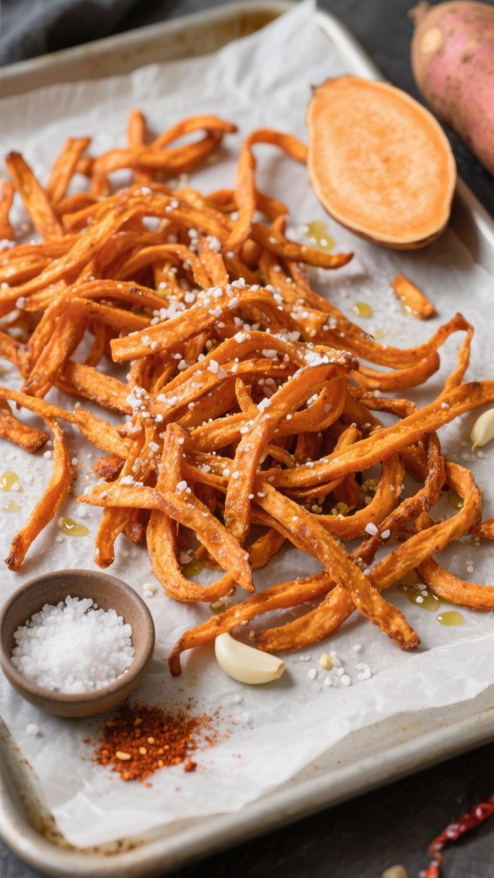 Overhead flat lay of ridiculously crunchy sweet potato shoestrings on a parchment-lined sheet, strands tangled and ultra-thin. Tossed with cornstarch and a whisper of oil, seasoned with kosher salt, garlic powder, and optional chili powder. A pinch bowl of flaky salt to finish sits nearby, plus a halved peeled sweet potato and a small ramekin of cornstarch. Emphasize vivid orange hues and dry, crisp texture; high contrast lighting for snap.