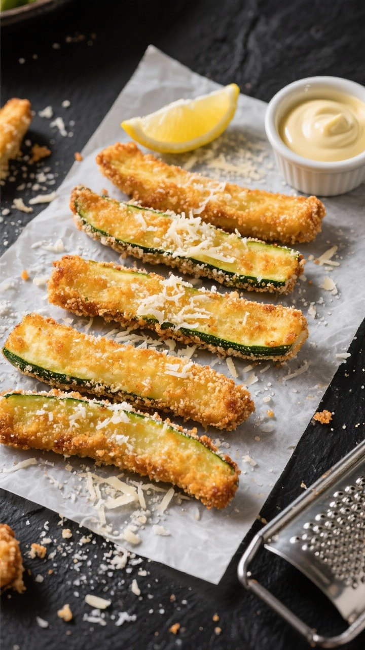 Overhead flat lay of shatter-crisp Parmesan zucchini fries fresh from the air fryer: golden-brown 3-inch zucchini sticks coated in fine breadcrumbs and grated Parmesan with visible cornstarch-light crust, sprinkled with kosher salt and extra Parmesan. Styled on a parchment-lined sheet over a dark slate, with a small ramekin of lemony aioli, scattered breadcrumb crumbs and a microplane grater in frame. High contrast lighting to emphasize crunchy texture, no people.