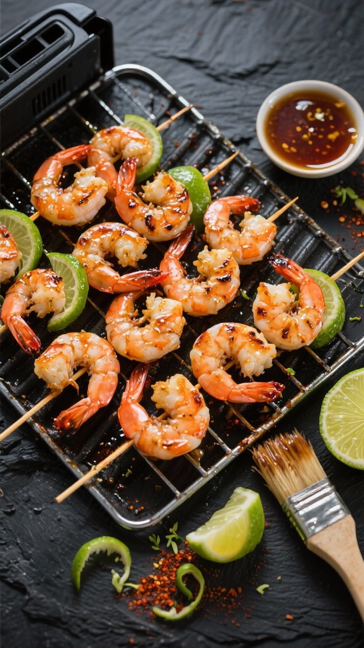Overhead flat lay of skewered honey-lime shrimp on a grill-style air fryer rack, midway through cooking: shrimp are curled and lightly charred at the edges, glistening with a thin honey-lime-soy glaze balanced by chili powder, cumin, lime zest, and neutral oil; brush and small bowl of sticky marinade off to the side, plus fresh lime halves and zest curls; dark slate surface to contrast the coral shrimp and vibrant lime green.