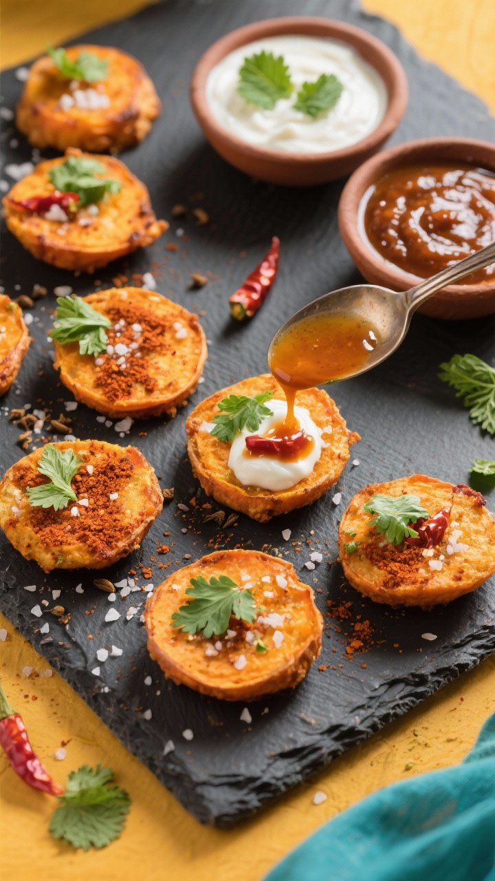 Overhead flat-lay of sweet potato chaat bites in the assembly stage: air-fried sweet potato rounds arranged on a slate, each sprinkled with kosher salt, ground cumin, and chili powder. Small bowls with plain yogurt, mint chutney, and tamarind drizzle to the side, with a spoon mid-drizzle over one round. Garnished with tiny cilantro leaves and a pinch of chili; bright, vibrant styling that evokes Indian street food energy.