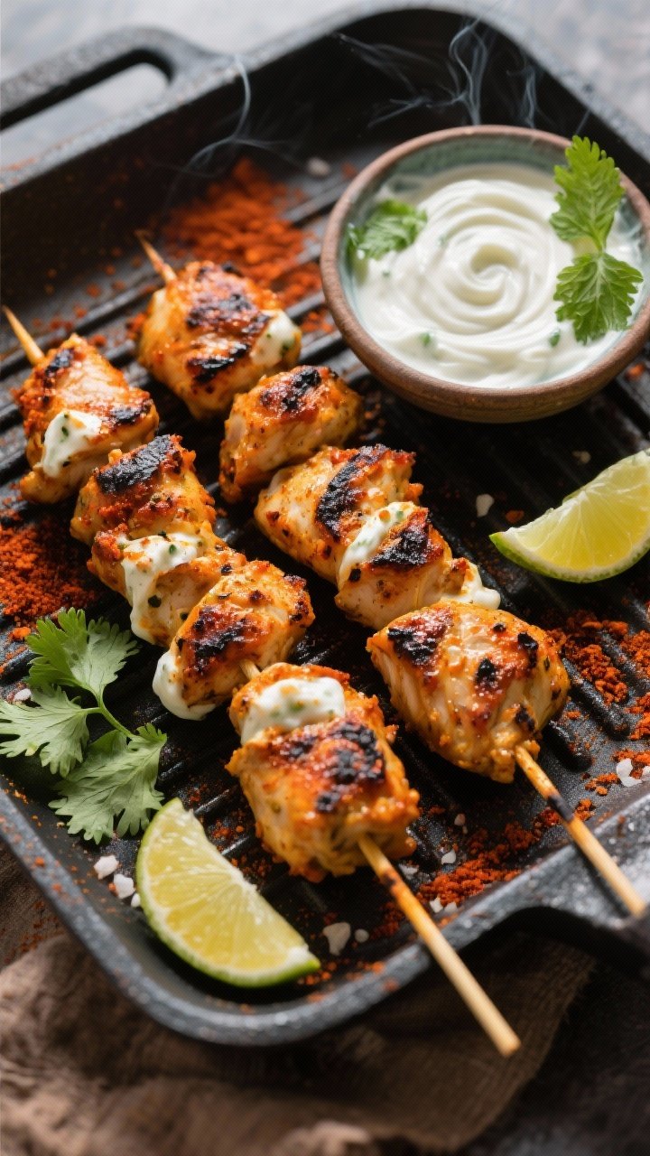 Overhead flat lay of tandoori-spiced chicken skewers on a grill pan: charred edges on yogurt-marinated chicken chunks seasoned with tandoori masala, garam masala, paprika, lemon juice, and salt. Serve with a swirl of mint yogurt dip in a small bowl, lime wedges, cilantro sprigs, and a dusting of paprika. Warm, vibrant tones evoking Indian cuisine; smoke-kissed marks highlighted.