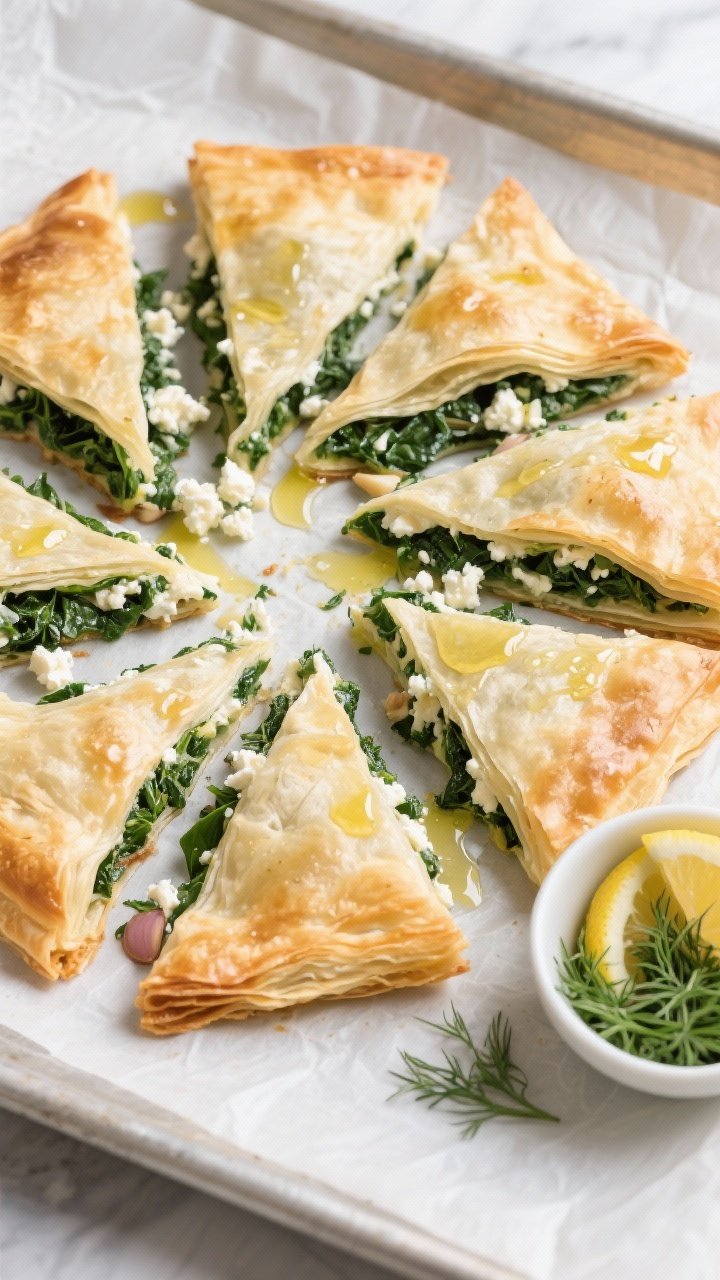 Overhead flat lay of veggie-packed spanakopita triangles arranged in a spiral on a parchment-lined baking sheet, showcasing ultra-flaky layers; filling peeks out with deep-green spinach, crumbled feta, ricotta creaminess, garlic, onion, and chopped dill; brushed with olive oil for sheen; a small bowl of extra dill and lemon wedges at the corner; cool light to highlight crisp texture.