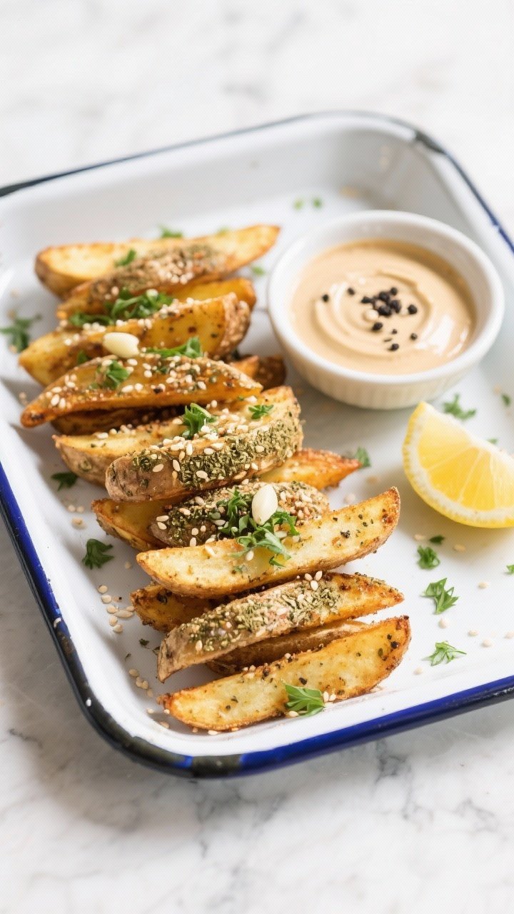 Overhead flat lay of za’atar-dusted potato fries arranged in tidy stacks on a white enamel tray, speckled with sesame and thyme from the za’atar, sprinkled with chopped parsley and a whisper of garlic powder; a small bowl of pale lemon-tahini dip with a lemon wedge alongside, black pepper visible on the fries; crisp, clean styling with a light marble backdrop.