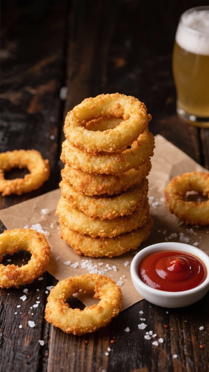 Overhead flat lay: Pub-style onion rings with ridiculous crunch arranged in a tall stack on a sheet of brown parchment, golden bubbly batter made with flour, cornstarch, baking powder, paprika, and kosher salt clinging to thick 1/2-inch sweet onion rings; extra rings scattered with a pinch of flaky salt; a small bowl of ketchup and a pale ale mustard dip nearby. Crisp highlights, minimal props, dark wood table for contrast.
