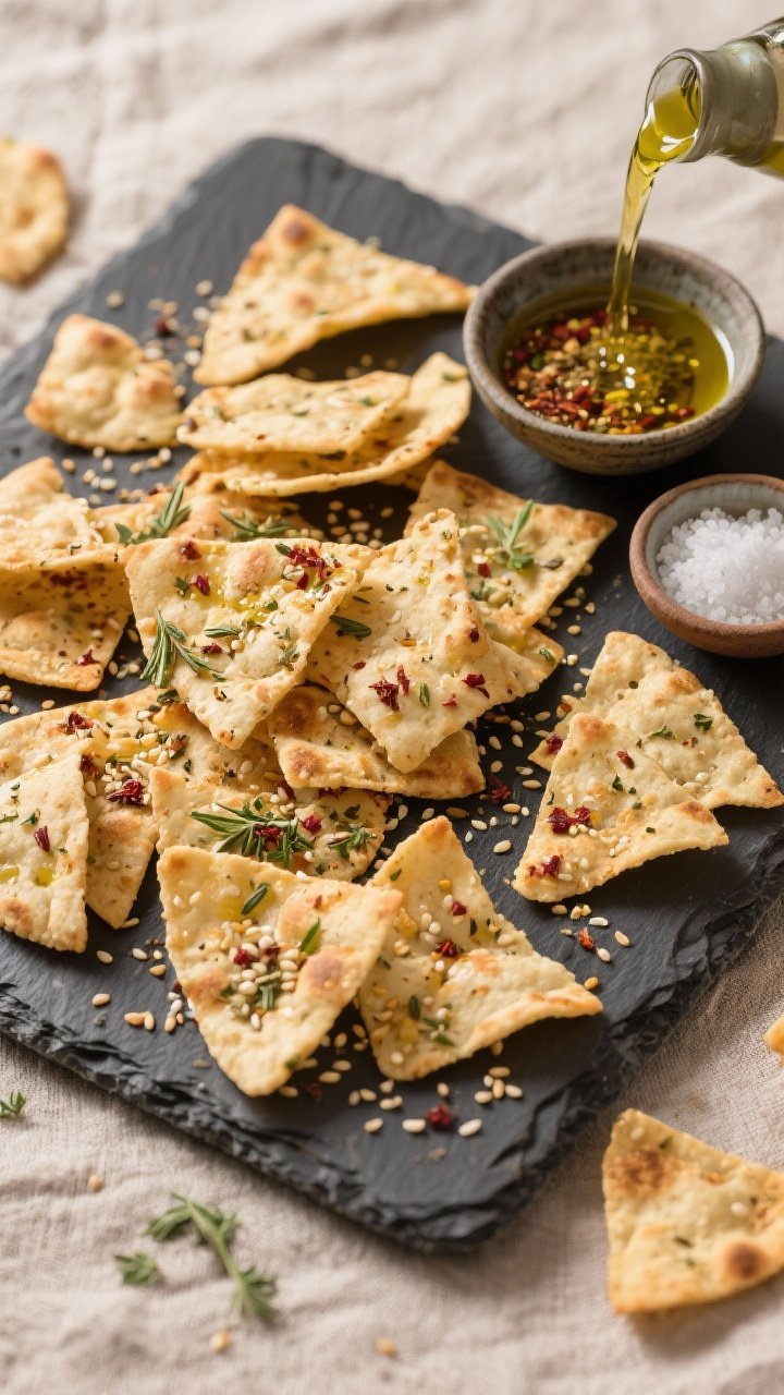 Overhead flat lay: Ultra-crisp pita chips scattered across a slate board, coated in olive oil and generously sprinkled with za’atar and sesame seeds, with a pinch of sumac for extra pop. A small bowl of za’atar, a pour of olive oil, and a tiny dish of kosher salt included for context. Earthy, Middle Eastern vibe with warm neutrals and textured linen, sharp clarity to show sesame and herb flecks.
