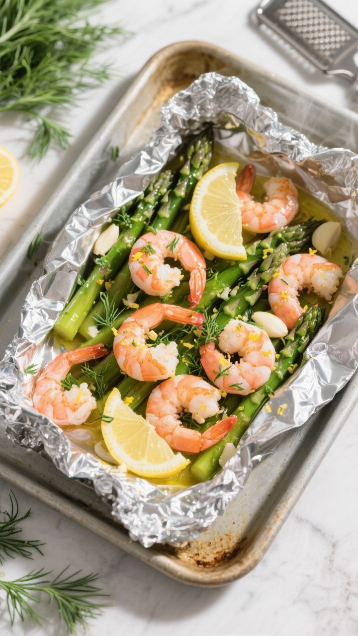 Overhead foil-pack style composition of lemon-dill shrimp and asparagus: large shrimp curled and pink, dotted with lemon zest, thin lemon slices, chopped fresh dill, olive oil sheen, and slivers of minced garlic, nestled among bright green asparagus pieces. Packs slightly open to reveal steam; placed on a baking sheet with extra dill and a zester nearby. Bright daylight look to emphasize freshness.