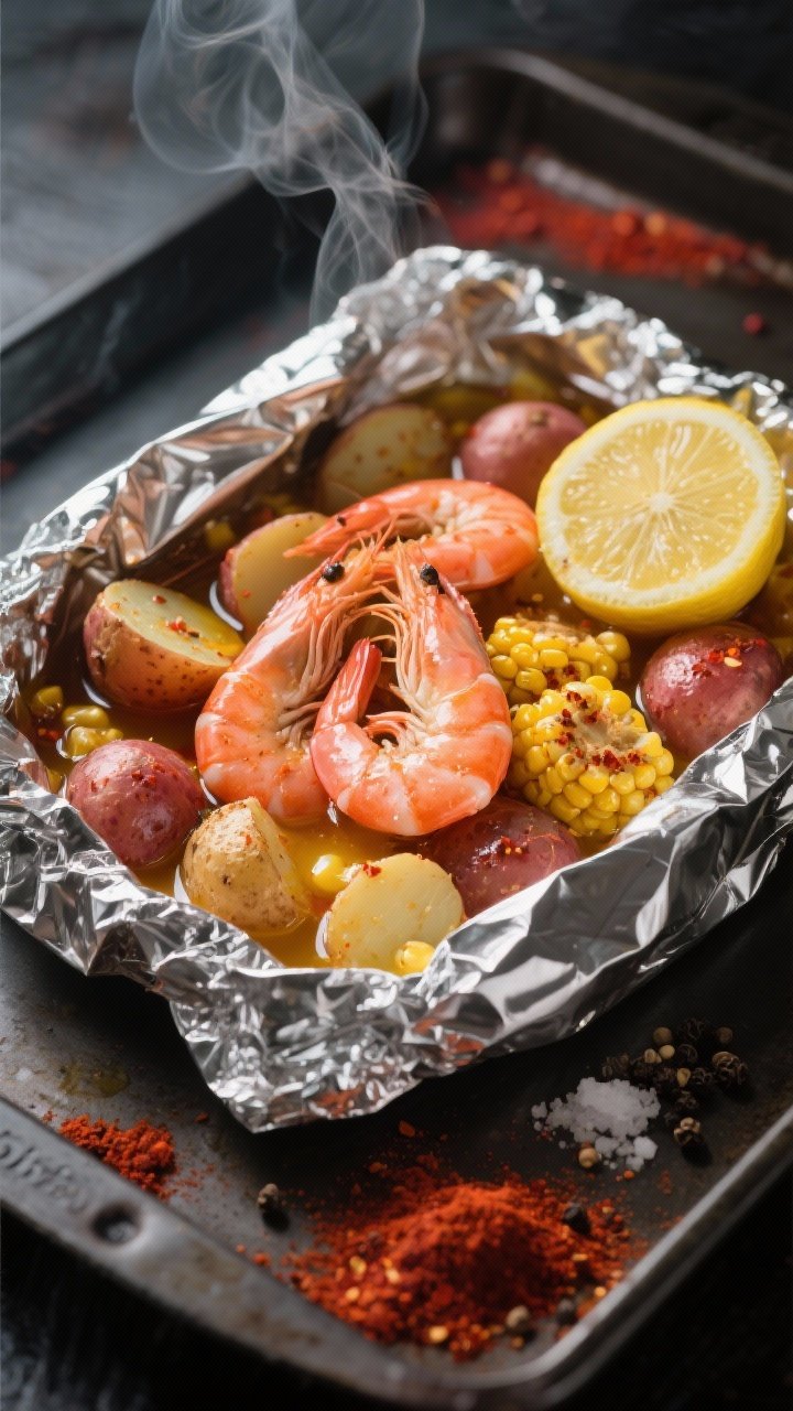 Overhead foil packet Cajun shrimp “boil” composition: open foil revealing pink shrimp, halved baby potatoes, and corn pieces glistening with melted butter and olive oil, dusted with Cajun seasoning. A wedge of lemon and a sprinkle of black pepper and salt visible. Place packet on a dark baking tray with extra Cajun spice pinch nearby; steam wafting for warmth, vibrant reds and yellows popping.