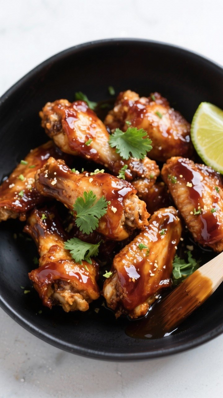 Overhead glossy glaze close-up: Sticky teriyaki-lime boneless wings made from 1-inch chicken pieces (breast or thighs), lightly seasoned with soy sauce, fresh grated ginger, garlic powder, kosher salt, and cornstarch, then air-fried and tossed in a thick, shiny teriyaki-lime reduction. Garnish with micro cilantro and lime zest. Present in a shallow black bowl with a brush of extra sauce on the side. Clean highlights to showcase the lacquered edges and crisp exterior.