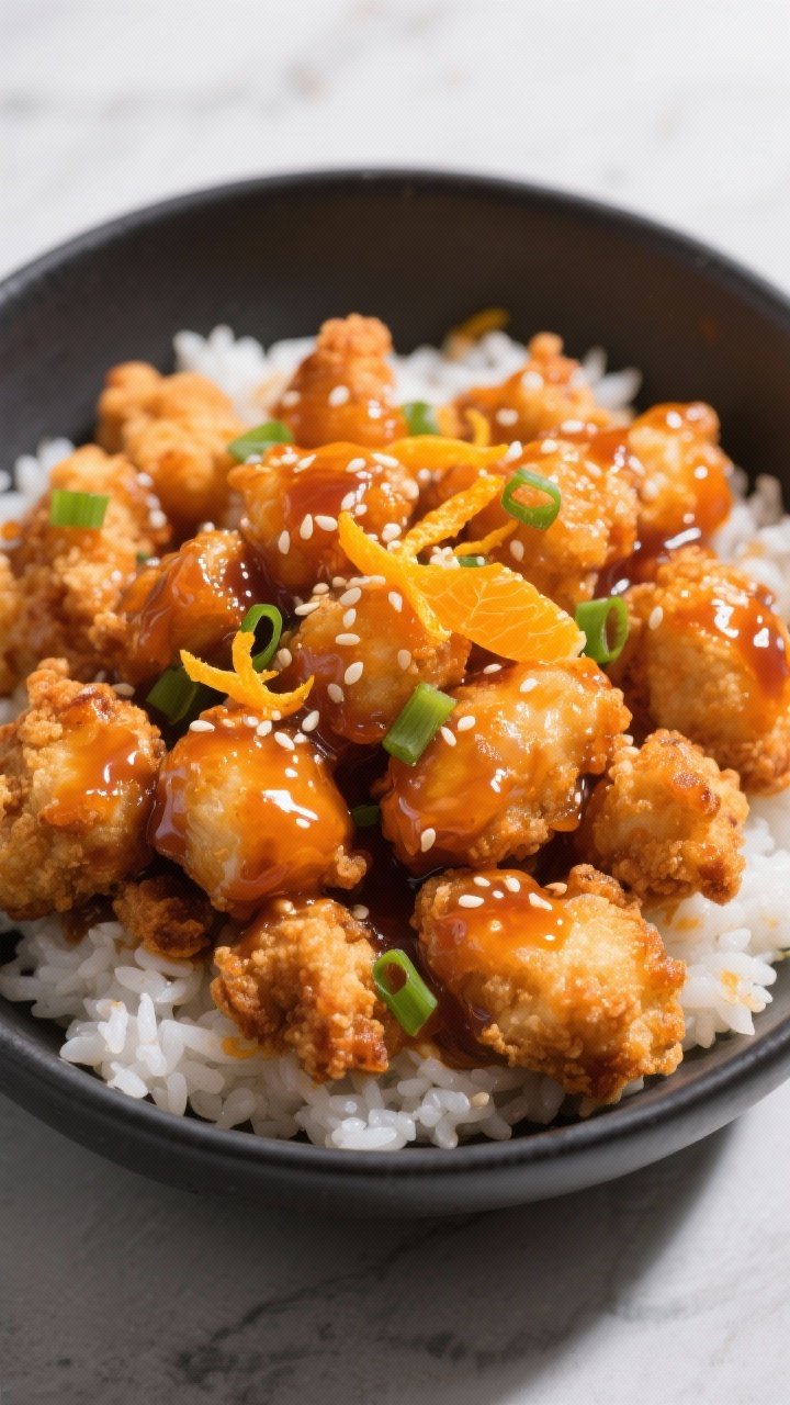 Overhead glossy-tossed bowl of extra-crispy orange chicken: air-fried frozen popcorn chicken coated in a sticky sauce made from orange marmalade, soy sauce, rice vinegar, and fresh grated ginger, with a finishing drizzle of sesame oil. Garnish with orange zest, sesame seeds, and scallions; serve over a bed of white rice in a contrasting dark bowl. High shine, vibrant orange glaze.