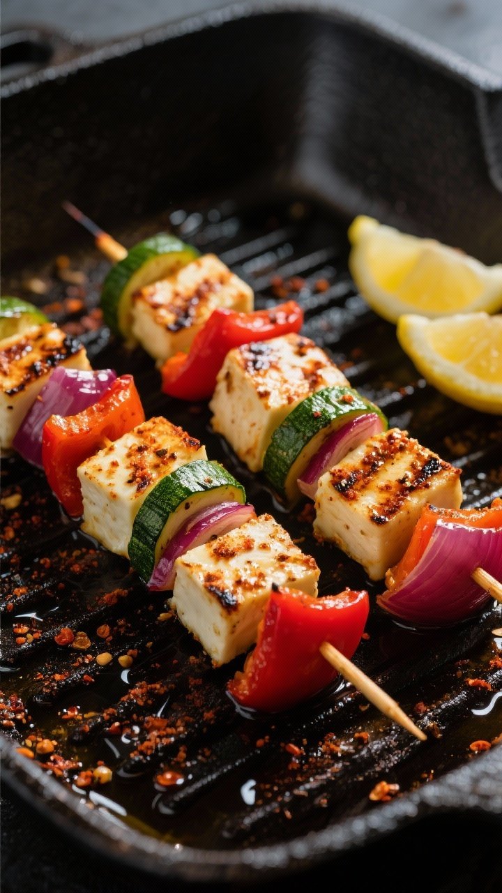 Overhead grill-pan shot of Cajun-spiced halloumi and veggie skewers: skewers threaded with halloumi cubes, red bell pepper, zucchini rounds, and red onion chunks, glistening with olive oil and dusted generously with Cajun seasoning; pronounced char marks, smoky edges, lemon wedges nearby; vibrant, punchy colors on a dark cast-iron surface for contrast.