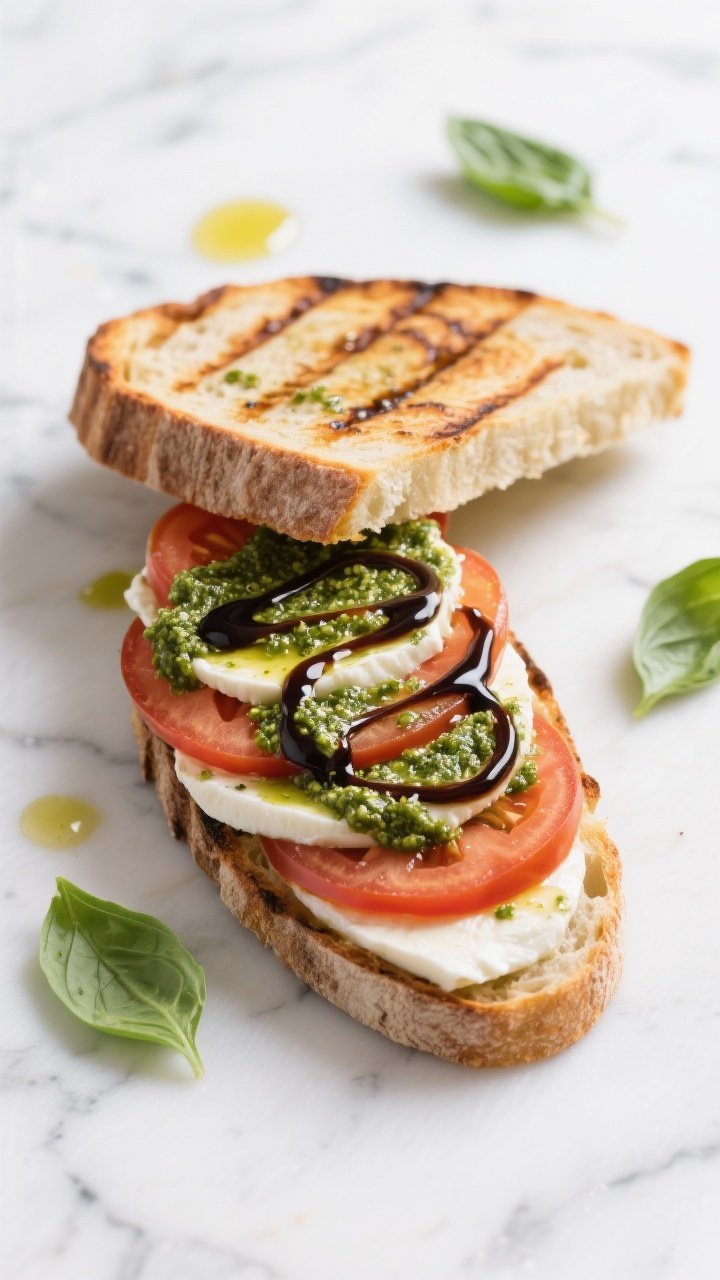 Overhead hero of a Caprese Pesto Press: toasted sourdough with grill marks, layered fresh mozzarella and ripe tomato slices, vibrant basil pesto spread visibly swirled, and a precise balsamic glaze drip across the top slice. Olive oil sheen on crust, a few fresh basil leaves scattered. Clean, bright Mediterranean styling on a white marble surface.
