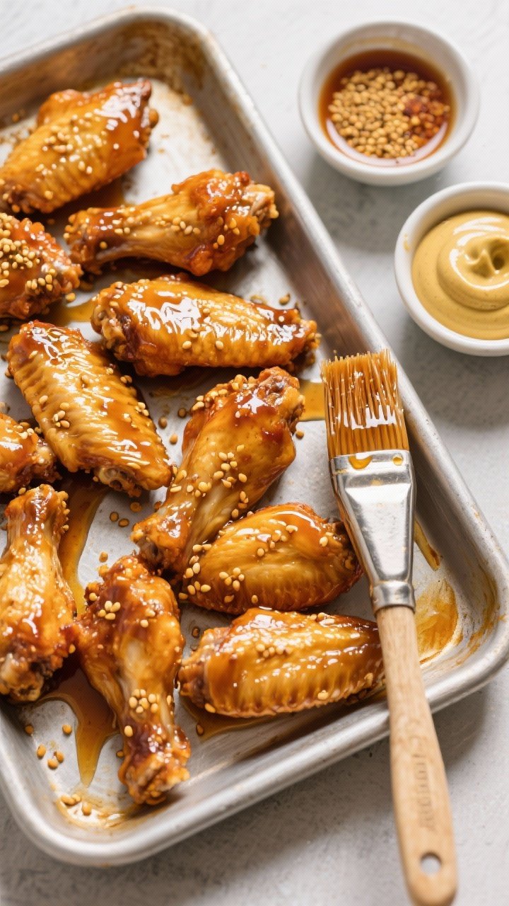 Overhead ingredient and finishing shot combined: a tray of golden air-fried wings tossed in a glossy maple Dijon glaze speckled with whole mustard seeds. Beside the tray, small bowls of pure maple syrup, Dijon mustard, whole grain mustard, and apple cider vinegar. A pastry brush with sticky glaze rests on the sheet pan, warm amber highlights showcasing syrupy sheen and seed-studded texture.