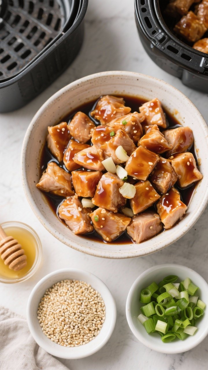 Overhead ingredient-and-prep scene for teriyaki chicken bites: diced boneless skinless chicken thighs in a bowl tossed with teriyaki sauce, soy sauce, honey, sesame oil, and minced garlic; a small dish of sesame seeds and sliced green onions set nearby for garnish; sticky glaze clinging to the chicken, ready to go into the air fryer basket in frame.