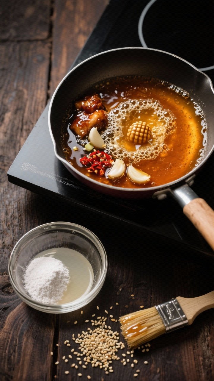 Overhead ingredient-and-prep shot for Sticky Honey-Garlic: a small saucepan on a stovetop with bubbling amber glaze made from honey, low-sodium soy sauce, finely minced garlic, rice vinegar, toasted sesame oil, and red pepper flakes; a cornstarch slurry (1 tsp cornstarch + 1 tsp water) in a clear prep bowl nearby; sesame seeds and a brush ready for glazing, all styled on a dark wood surface for contrast