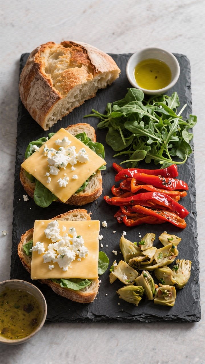 Overhead ingredient-forward assembly of a Veggie Supreme: country bread slices, provolone laid down, crumbled feta in a small dish, strips of roasted red peppers patted dry, chopped marinated artichoke hearts, and a generous handful of baby greens (spinach and arugula). Arrange in neat sections on a slate board, with a drizzle of olive oil nearby. Bright, crisp colors emphasizing freshness and texture.