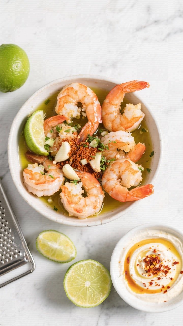 Overhead ingredient-prep flat lay for Garlic-Lime Shrimp Poppers: large shrimp patted dry in a mixing bowl glistening with olive oil, lime zest and juice, minced garlic, chili powder, and a pinch of salt and pepper. Lime halves and a microplane nearby, small bowl of creamy chili-labneh dip swirled with chili oil and lime zest on the side. Bright, fresh color palette of coral shrimp and vivid green lime on a light stone surface.