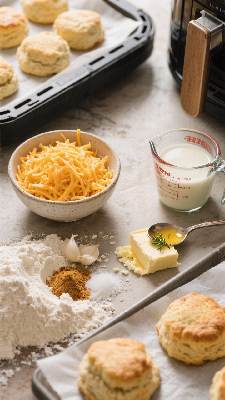 Overhead ingredient prep for Red Lobster-style Cheddar Bay Biscuits: a rustic scene with a mound of all-purpose flour, baking powder, garlic powder, kosher salt, and a pile of grated cold butter; a bowl of shredded sharp cheddar, a measuring cup of cold buttermilk, and a spoon with melted butter and herbs ready for brushing; a few formed biscuit mounds on parchment heading to the air fryer; soft morning light, cozy bakery feel.