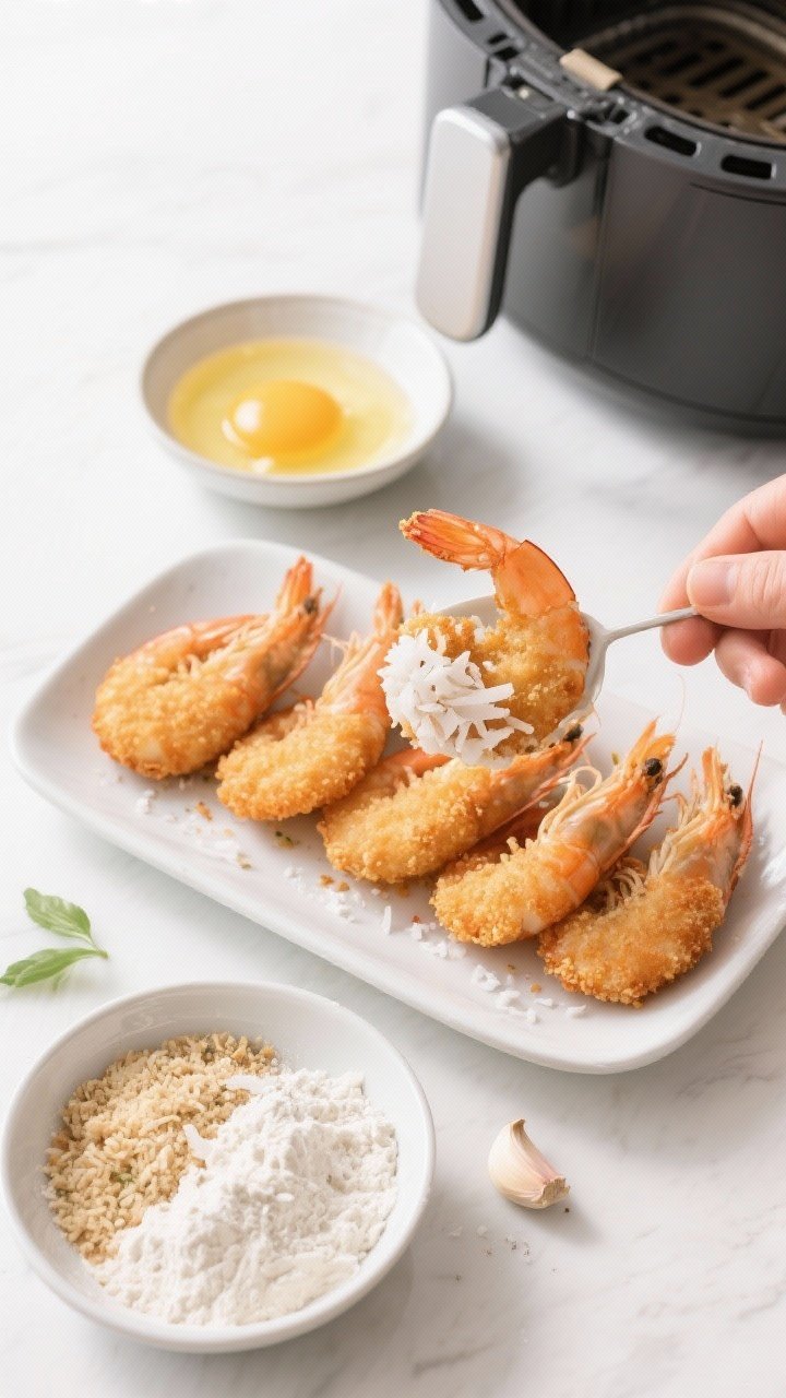 Overhead ingredient prep shot for crunchy coconut shrimp with proper breading stations: flour seasoned with kosher salt and garlic powder, beaten eggs in a shallow bowl, and a third bowl with a 50/50 mix of panko and unsweetened shredded coconut; large shrimp (tails on) lined up, one shrimp mid-dip in the coconut-panko, a clean air fryer basket ready nearby, bright, crisp styling to showcase texture contrast.