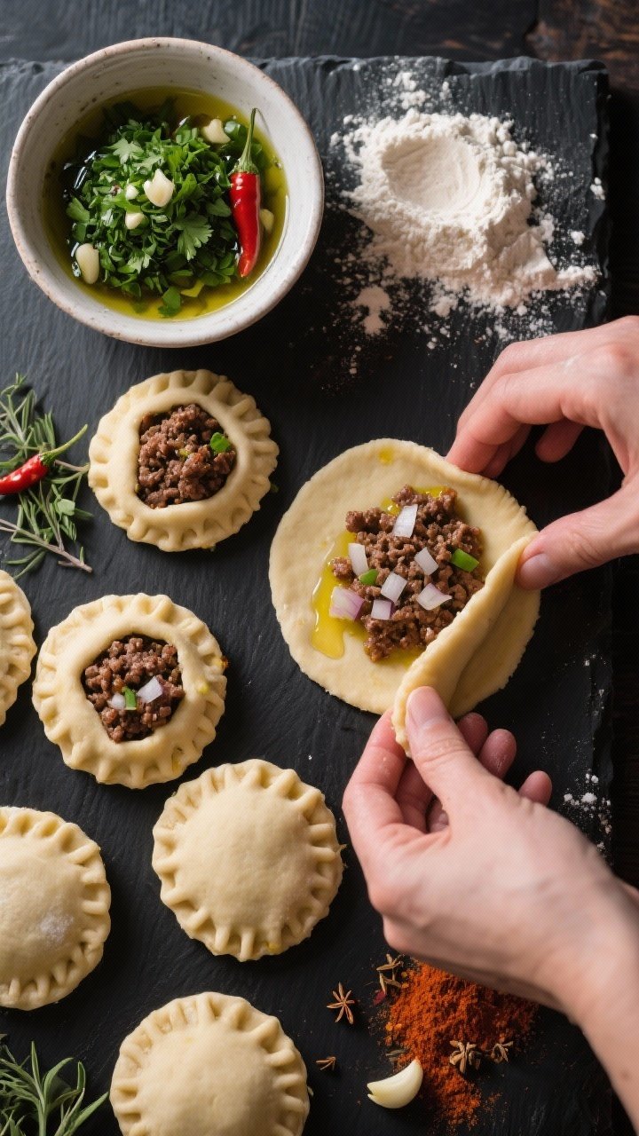 Overhead ingredient-to-assembly scene for mini beef empanadas: small circles of dough being filled with a savory mixture of ground beef, finely diced onion, minced garlic, cumin, smoked paprika, oregano, salt and pepper; crimped hand pies brushed with olive oil; a bowl of vibrant green chimichurri (parsley, garlic, chili, vinegar, oil) ready for serving; flour dusting on a dark board, neat mise en place.