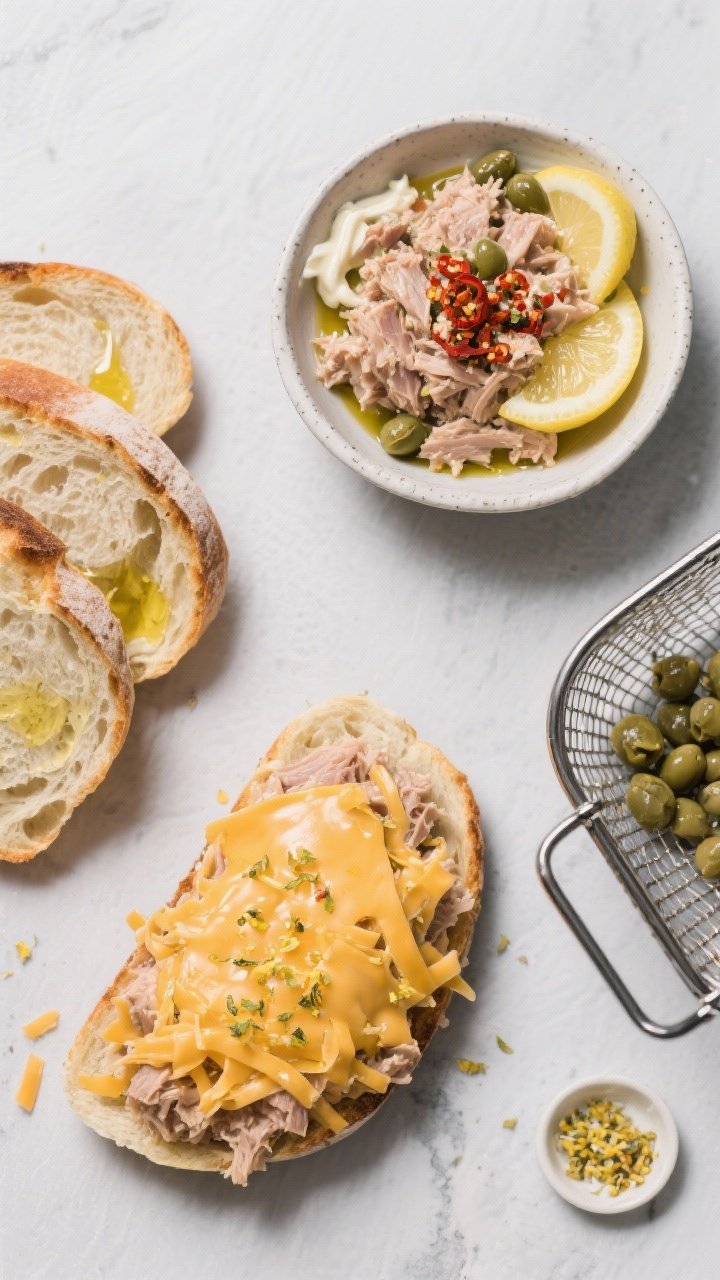 Overhead ingredient-to-assembly shot for a spicy tuna melt on sourdough/ciabatta: a bowl of tuna mixed with mayonnaise, Dijon mustard, lemon juice, chopped capers, and chili flakes; slices of bread brushed with olive oil; a mound of shredded cheese ready (implied melt topping), lemon zest scattered; a small dish of extra capers for the “crunch”; air fryer basket waiting on the side; clean slate background, sharp detail.