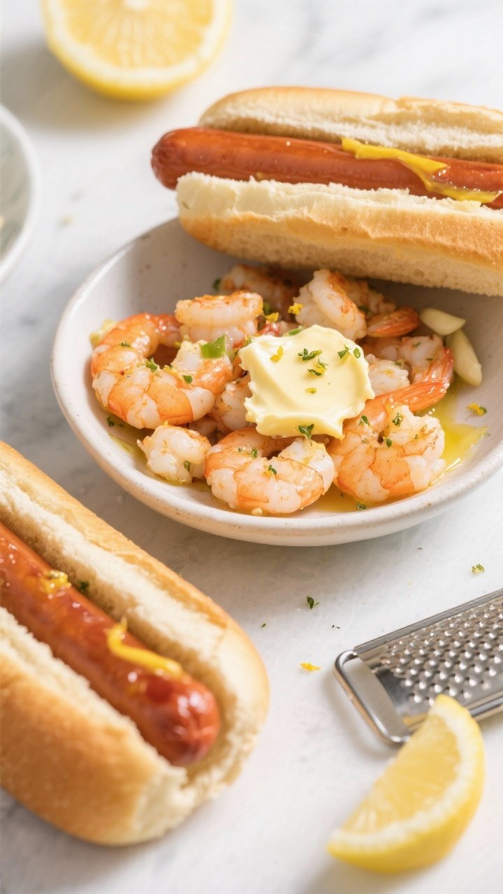 Overhead ingredient-to-assembly shot for garlic butter shrimp roll toastie: split-top brioche hot dog buns opened, a bowl of chopped cooked shrimp tossed with softened butter and finely minced garlic, flecks of lemon zest sprinkled over; one bun already filled and brushed with a little melted butter for air-frying; lemon half and microplane zester in frame; bright, clean light to highlight glossy shrimp and golden brioche.