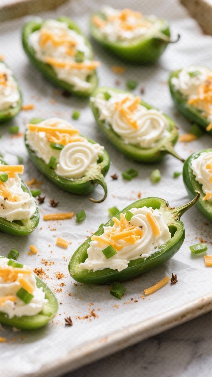 Overhead ingredient-to-assembly shot: Halved jalapeños, neatly filled with a creamy mixture of softened cream cheese, shredded sharp cheddar, finely chopped green onions, garlic powder, and cumin; some topped with a light extra cheddar sprinkle; lined on a parchment-covered sheet ready for the air fryer. Vibrant green jalapeños, creamy filling swirls, minimal props, bright natural light for freshness and contrast.