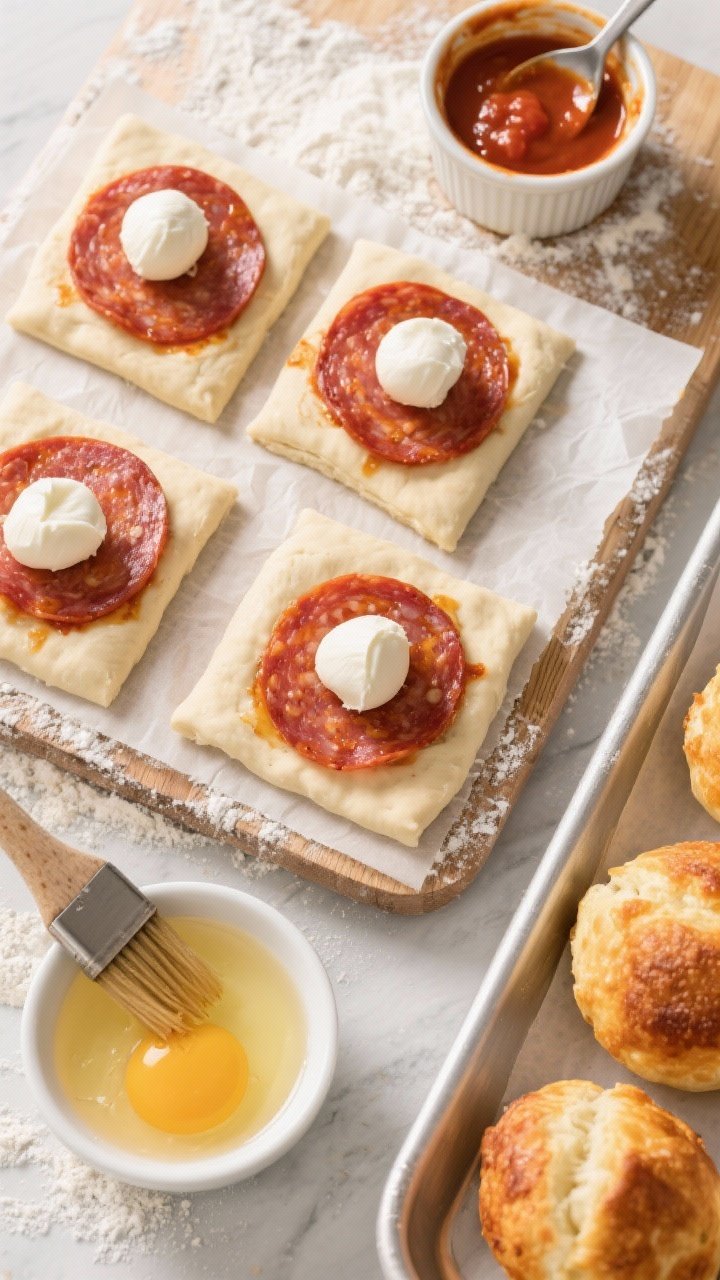 Overhead ingredient-to-assembly shot: Pepperoni pizza bombs in progress on a floured board—store-bought refrigerated pizza dough cut into squares, each topped with a slice of pepperoni, a mini mozzarella ball, and a spoonful of pizza sauce; beaten egg in a small bowl with a brush for egg wash; finished golden-brown pizza bombs on a parchment-lined tray with a ramekin of extra pizza sauce for dipping.