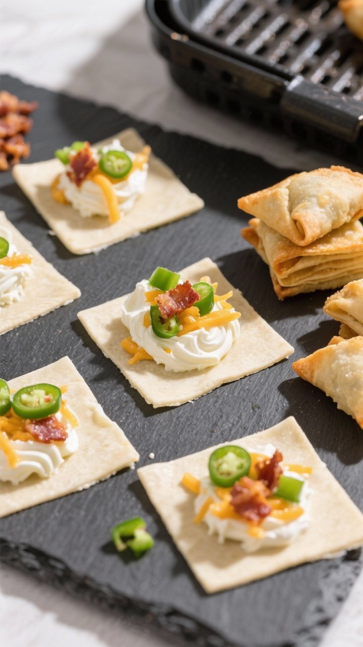 Overhead ingredient-to-assembly shot: Square wonton wrappers laid on a slate board, each holding a dollop of creamy filling swirled from softened cream cheese and shredded sharp cheddar, speckled with finely diced fresh jalapeños and a sprinkle of crumbled crispy bacon (optional shown on a few). A small stack of finished folded popper bites sits to one side ready for the air fryer basket. Bright, clean light with crisp shadows; focus on contrast between pale wrappers and green jalapeño bits.