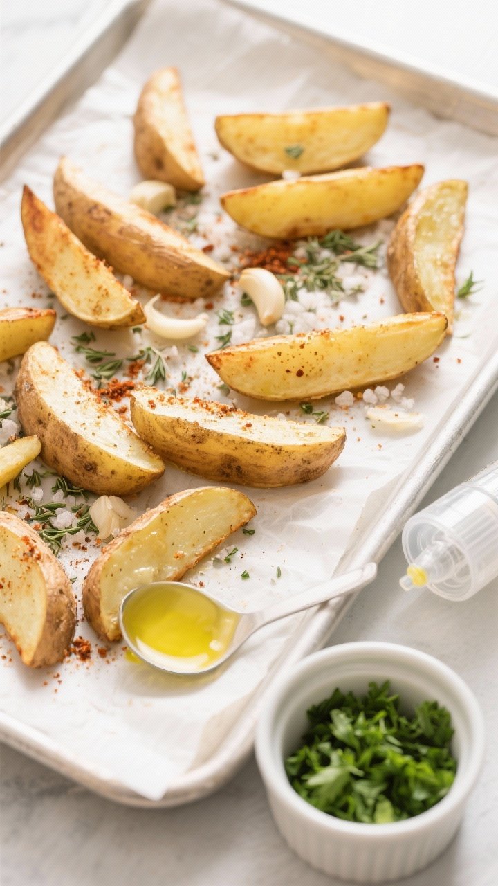 Overhead ingredient-to-cook transition shot: russet potato wedges on a parchment-lined tray, lightly glistening from just a tablespoon of olive oil, evenly dusted with garlic powder, dried oregano, smoked paprika, and kosher salt, a fine mist sprayer in the corner to emphasize minimal oil; fresh chopped parsley ready in a ramekin, clean bright light to showcase crisp edges and herb details.
