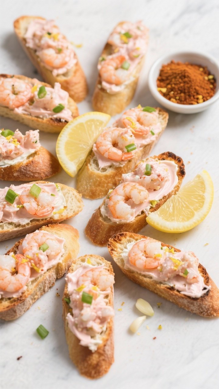 Overhead ingredient-to-final composition for Old Bay shrimp toasts: small toasted baguette slices spread with a pale pink shrimp mixture (raw shrimp finely chopped, mayonnaise, Old Bay seasoning, minced garlic, lemon zest and juice, finely chopped scallions) and air-fried until browned and bubbling; arranged in a fan with lemon wedges and a pinch bowl of Old Bay; crisp edges and succulent shrimp bits visible.