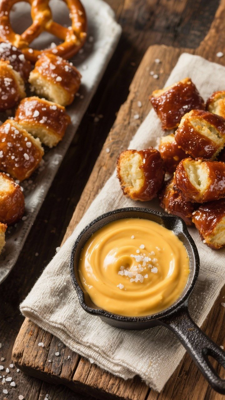Overhead ingredient-to-final transition shot for pub-style pretzel bites: left side shows frozen pretzel bites brushed with water and sprinkled with pretzel salt; right side shows glossy, mahogany-brown air-fried bites with a light olive oil spray sheen; a warm, velvety beer-cheese dip in a small cast-iron ramekin (butter, flour roux base implied) with a slight swirl on top; coarse salt crystals visible; rustic pub board setting with a linen napkin.