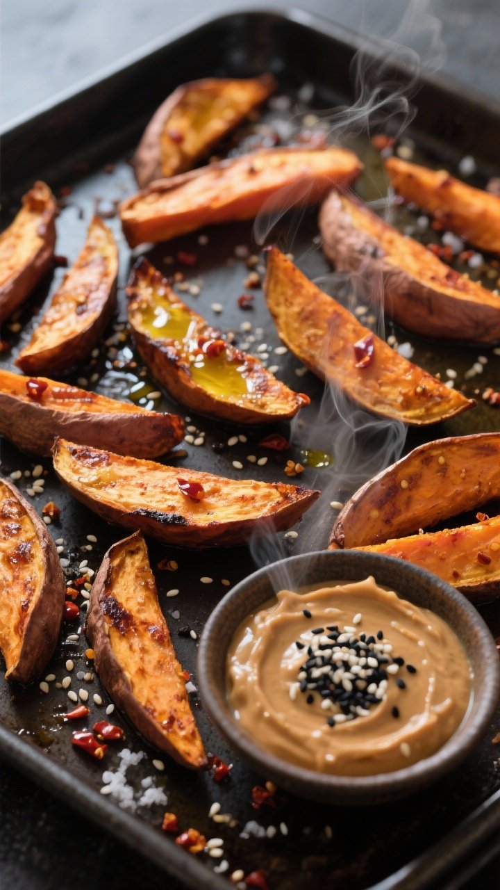 Overhead ingredient-to-finish composition: roasted sweet potato wedges tossed in olive oil, togarashi (Shichimi), kosher salt, and black pepper arranged on a dark sheet pan with sesame and chili flecks visible. A small bowl of miso-sesame mayo topped with black and white sesame seeds sits corner frame; steam wisps and caramelized edges highlight spicy-savory appeal.