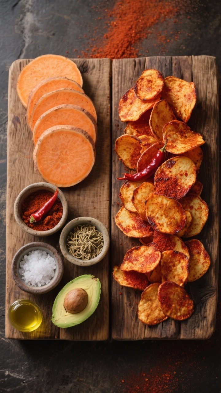 Overhead ingredient-to-finish progression: A split frame on one surface—left side shows raw orange sweet potato rounds, ramekins of smoked paprika, cayenne, ground cumin, kosher salt, and avocado oil; right side shows finished smoky paprika sweet potato chips with burnished edges and a warm chili-red hue. Rustic wooden board, warm color grading, a faint paprika dust trail for motion and heat.