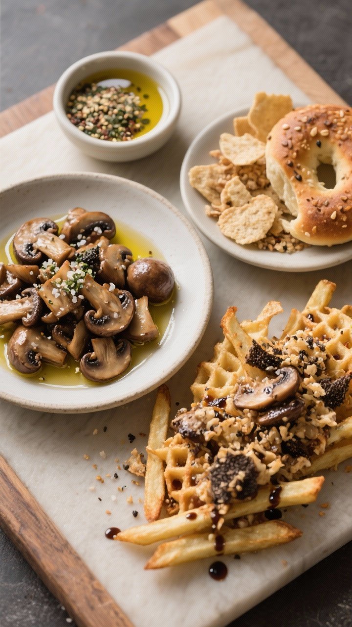 Overhead ingredient-to-finish progression on a single board: finely chopped cremini mushrooms sautéed in olive oil with kosher salt and black pepper until browned; a small bowl of everything bagel seasoning; a dish of finely crushed bagel chips; truffle oil ready for finishing. To the side, a composed mini pile of finished waffle fries drizzled with truffle oil and sprinkled with the mushroom mixture, bagel seasoning, and bagel chip crunch. Earthy, neutral color palette with sharp textural detail.