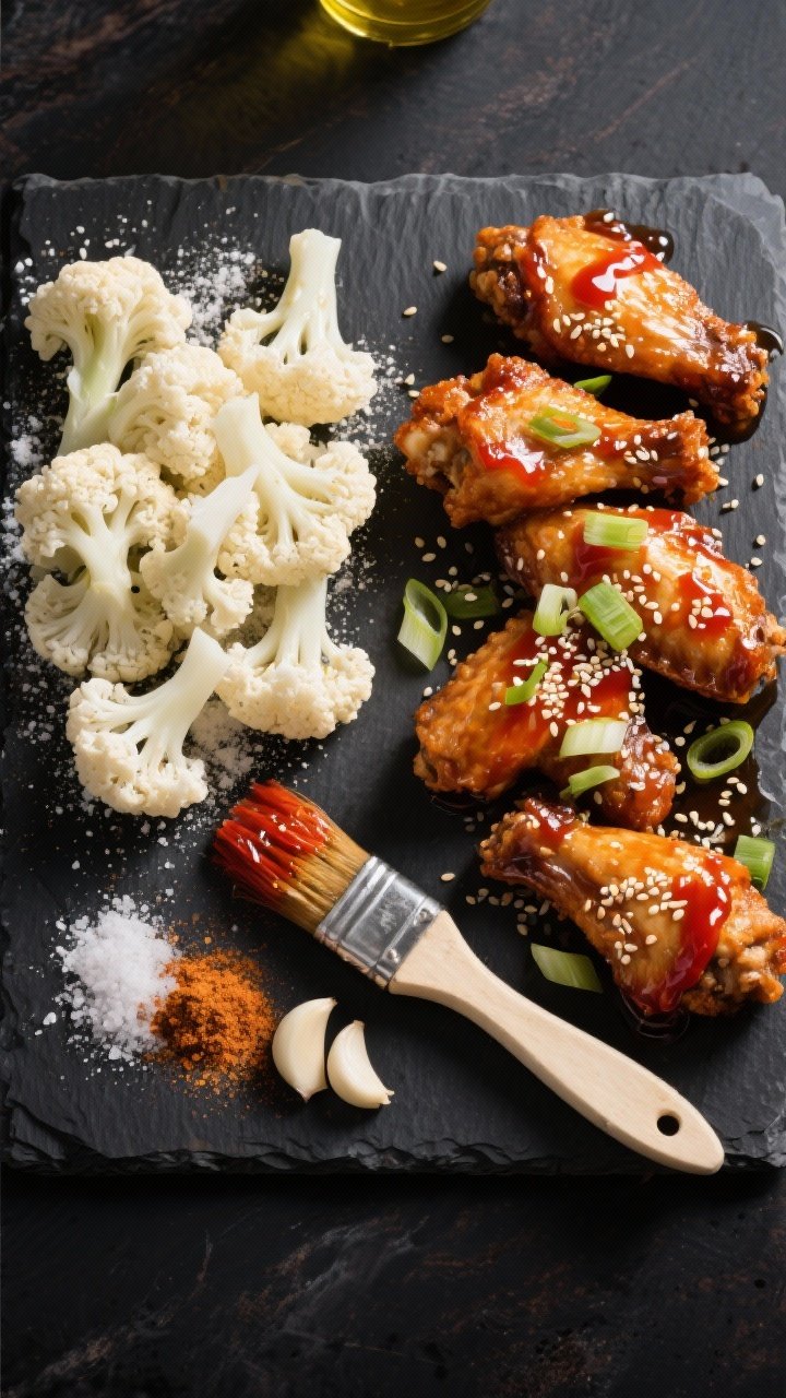 Overhead ingredient-to-finish sequence on a dark slate: left side shows frozen cauliflower florets dusted with cornstarch, neutral oil, kosher salt, and garlic powder; right side shows air-fried “wings” glossy with sweet chili sauce, rice vinegar, and sesame oil, garnished with sesame seeds and sliced scallions. A small brush with chili glaze sits between for process storytelling, vibrant lacquered finish.