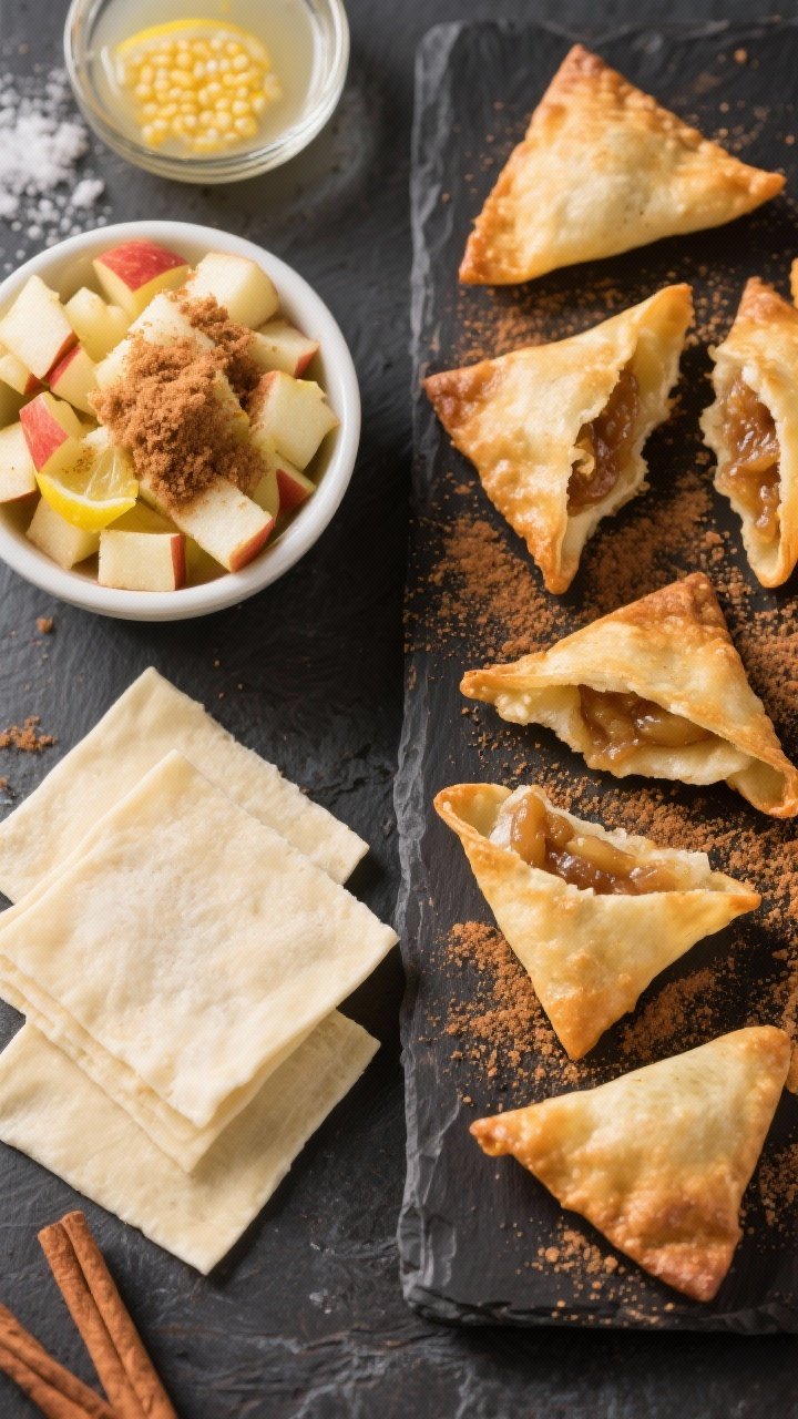 Overhead ingredient-to-finish storyboard for cinnamon sugar apple wontons: left side shows square wonton wrappers, a bowl of finely diced Honeycrisp apples mixed with brown sugar, lemon juice, cinnamon, pinch of salt, and a cornstarch-water slurry. Right side shows crackly, golden air-fried wontons dusted with cinnamon sugar, some split open to reveal the apple filling. Warm, inviting tones, crisp highlights on blistered wrappers.