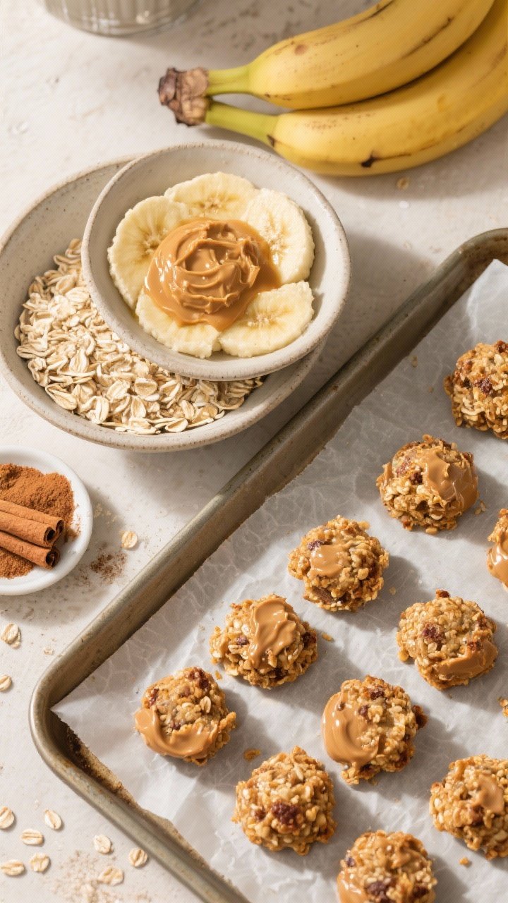 Overhead ingredient-to-finish storyboard: mashed ripe banana in a bowl, rolled oats, peanut butter dollop, honey drizzle, cinnamon pinch, and a tray of formed oat bites ready to air-fry. Final frame shows lightly bronzed peanut butter banana oat bites with a subtle crunch, set on parchment; warm, natural daylight highlights gooey interiors and toasty oat edges.