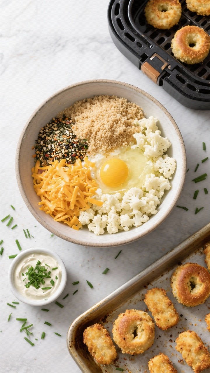 Overhead ingredient-to-formation shot of everything-bagel cauliflower “tots”: a mixing bowl with riced cauliflower, egg, shredded sharp cheddar, panko, and everything bagel seasoning half-folded together. On a nearby tray, neatly shaped tots ready for the air fryer, with a ramekin of creamy chive dip and fresh chives sprinkled around.