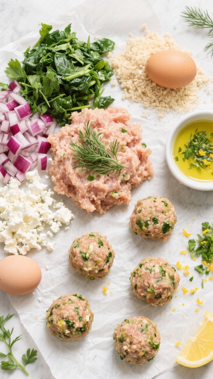 Overhead ingredient-to-formation shot of Mediterranean chicken feta balls: raw mixture components artfully arranged—ground chicken, chopped spinach, diced red onion, parsley, dill, crumbled feta, panko, and an egg—transitioning to formed meatballs on parchment. A small bowl of lemon-herb dip off to the side with lemon zest and chopped herbs sprinkled around. Bright, fresh Mediterranean color palette.
