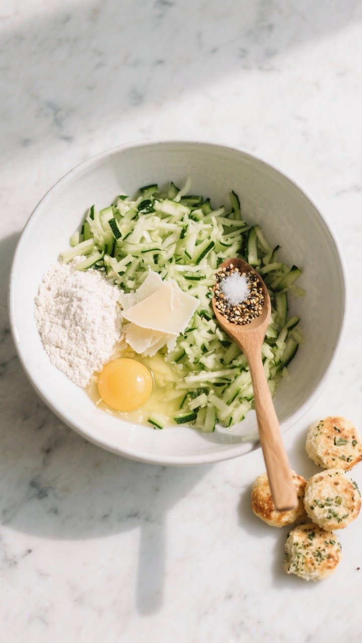 Overhead ingredient-to-mix bowl scene for everything-bagel zucchini bites: large mixing bowl with coarsely grated zucchini (green flecks), cracked egg, almond flour, optional Parmesan, and a spoonful of everything bagel seasoning. Kosher salt pinch on the side, small piles of ingredients artfully separated before stirring. Wooden spoon mid-frame, clean marble surface, bright natural light for fresh, wholesome feel.