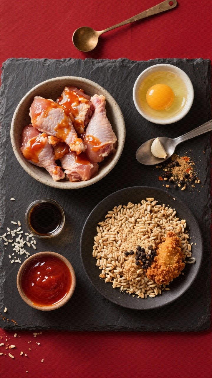 Overhead ingredient-to-prep flat lay for Korean Gochujang Glaze bites: raw chicken thigh pieces in a bowl next to a beaten egg, soy sauce, rice vinegar, garlic powder, black pepper; a separate dish of crushed puffed rice cereal for the ultra-crispy coating. Include a small bowl of glossy gochujang glaze ready for brushing. Arrange on a dark slate with measuring spoons, crumbs scattered for texture; bold, modern styling with deep reds and inky blacks.