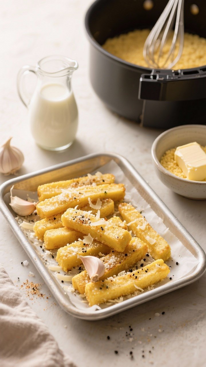 Overhead ingredient-to-prep transition for garlicky polenta fries: a rimmed tray with batons of set polenta dusted in grated Parmesan, garlic powder, black pepper, and kosher salt, ready for the air fryer. Surround with props showing components—small jug of milk, a pat of butter, a bowl of instant polenta, and a saucepan with a whisk. Clean, warm light to highlight the golden corn hue and fine cheese dust.